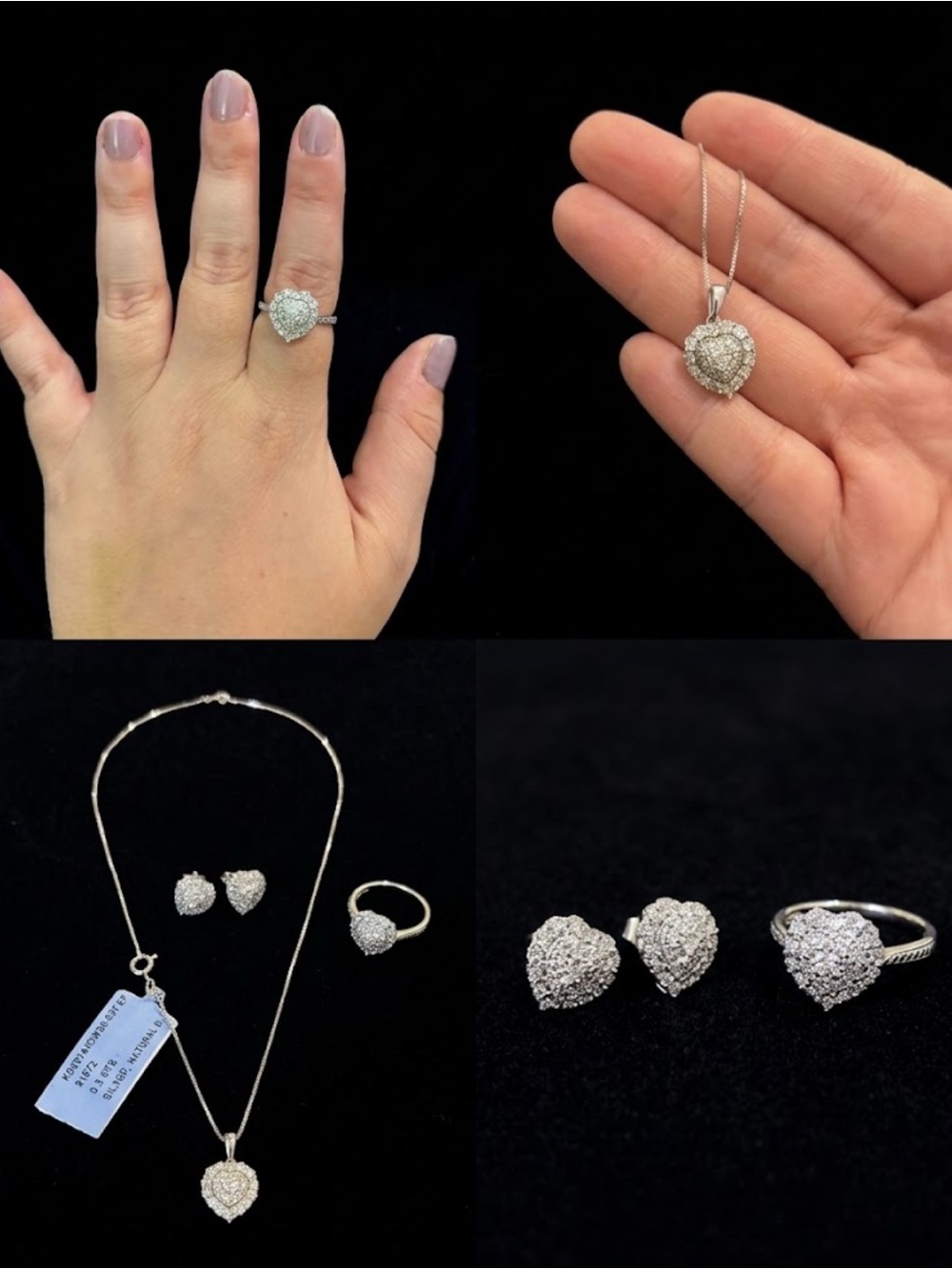 Sterling Silver Diamond Heart Cluster Pendant Necklace, Ring & Earrings Set
